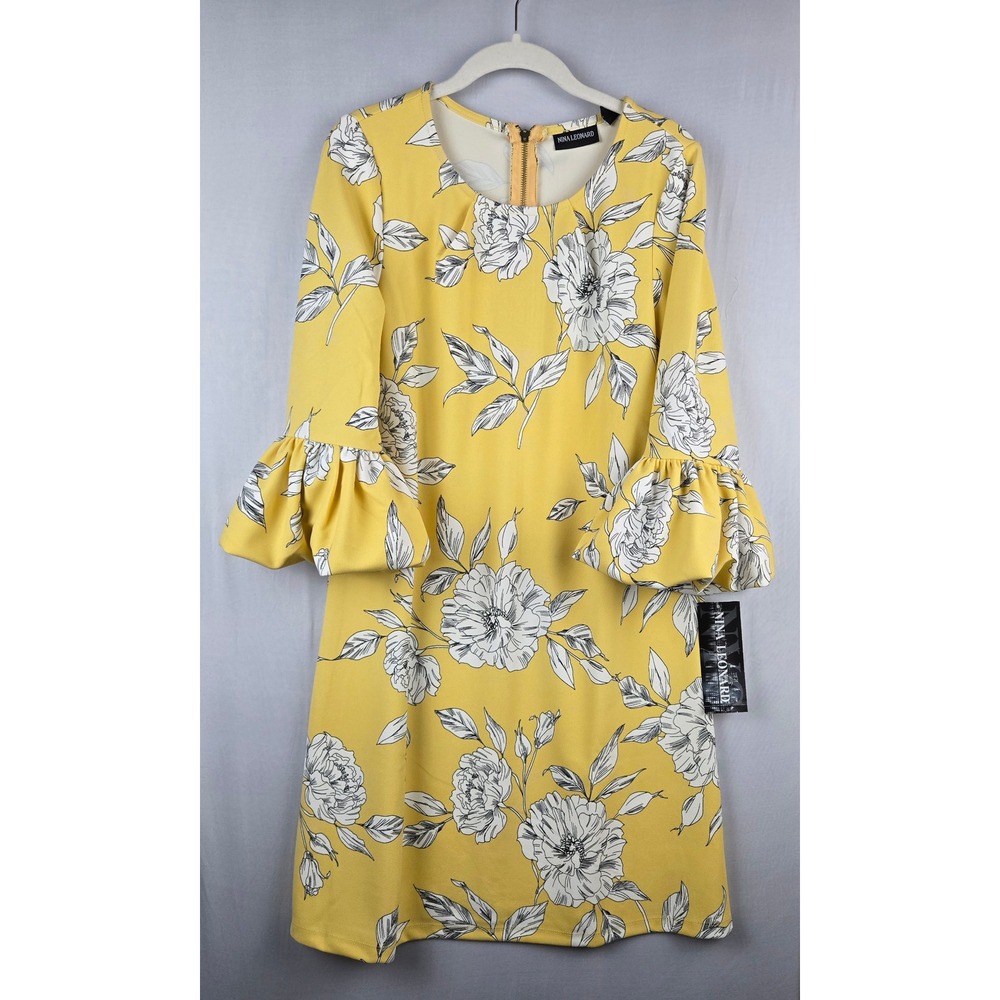 Nina Leonard Yellow Floral Bell Sleeve Shift Dress NWT Small Gold Zipper
